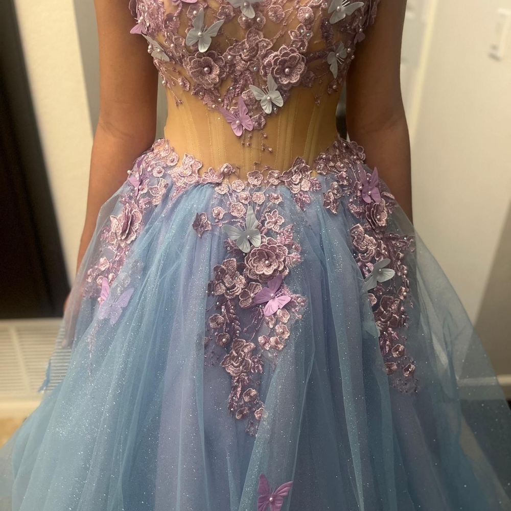 Elegant Blue and Purple Floral Gown
